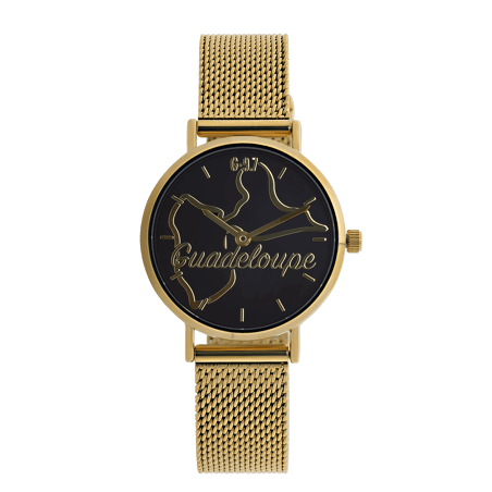 Montre Femme G97 34mm Cadran Noir Carte Guadeloupe Brac Mesh Doré 14mm 3ATM