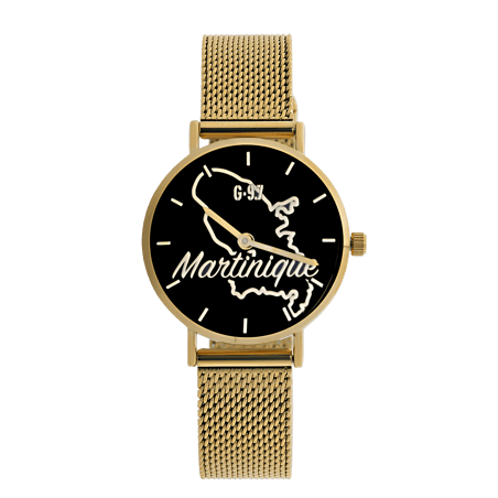 Montre Femme G97 34mm Cadran Noir Carte Martinique Brac Mesh Doré 14mm 3ATM